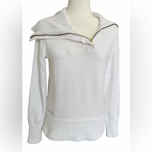 Lauren Ralph Lauren White Nautical Sweater W’s Small Gold Zip Rib Knit LRL Logo
